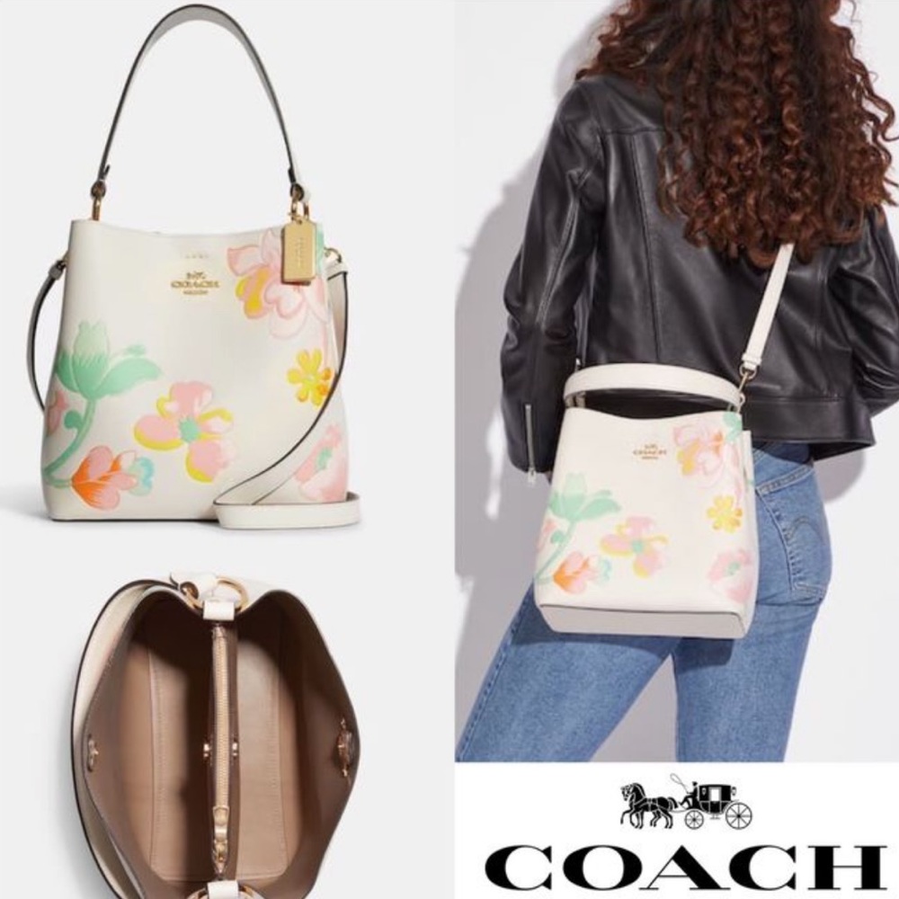 Coach Large Leather Chalk Dreamy Land Floral Town Bucket Handbag Purse